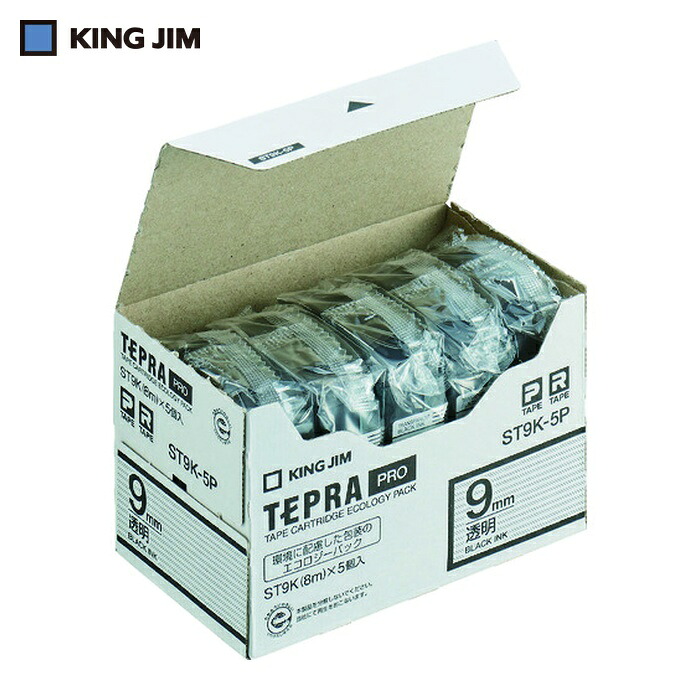 キングジム (純正)「テプラ」PROテープ 9mm エコパック(5 個入)/透明ラベル/黒文字 長さ8m (1Pk) ST9K-5P