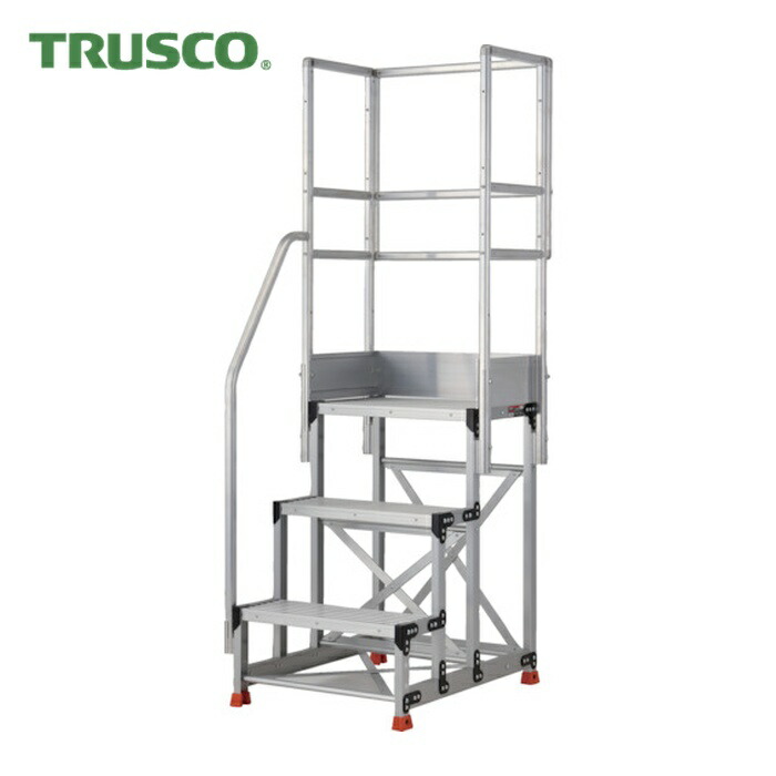 トラスコ TRUSCO アルミ製作業用踏台 3段 高さ0.9m 天板寸法600×400 段高300mm 階段片手すり天場三方付き (1台) TSF-369-TKS300