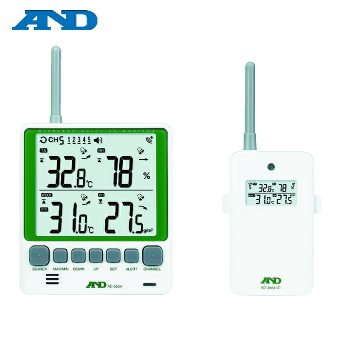 A\u0026D エーアンドディ AD5664SET マルチチャンネルワイヤレス周囲の状況温湿度計 書き割り AD-5664SET (1個)