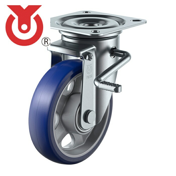ユーエイ PMS-200APULB(R) プレート式 自在 キャスター プレミアムウレタン 車輪径200mm ストッパー付き PMタイプ PMS-LB(R)型 取付寸法120×120(105×105) (1個)|工具ランド いたわり館