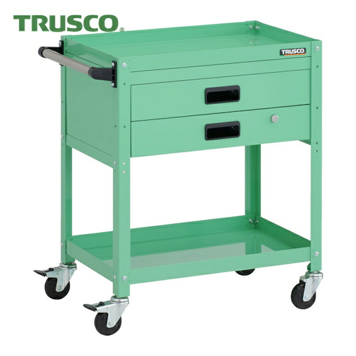 トラスコ TRUSCO ツールワゴン ラビットワゴン 600X400XH740 2段 2段引出付 ハンドル付 ゴム車輪 ヤンググリーン (1台) RBW-762XH YG