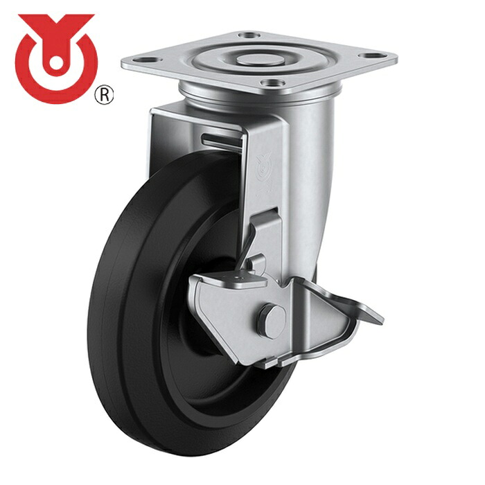 ユーエイ SUS-NRJ2-150S プレート式 自在 ステンレスキャスター ゴム 車輪径150mm ストッパー付き Jタイプ SUS-J2-S型 取付寸法80×80(75×75) (1個)
