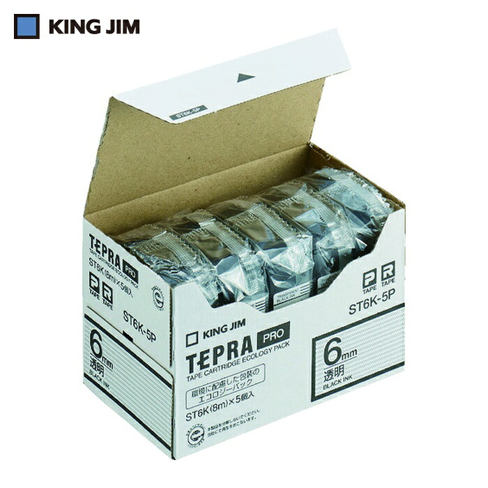キングジム (純正)「テプラ」PROテープ 6mm エコパック(5 個入)/透明ラベル/黒文字 長さ8m (1Pk) ST6K-5P