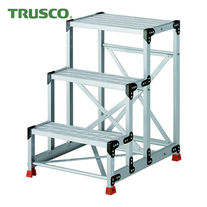 トラスコ TRUSCO やり方用踏台 軽銀製・グレーチング遣りくち SUS金具 3段 高さ0.9m 天板600×400 (1台) TSFGR-369