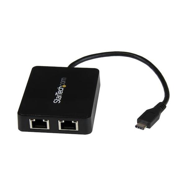 StarTech ローカルエリアネットワークアダプタ/USB-C/2x RJ45/10/100/1000Mbps/1x USB-A界面 US1GC301金2R