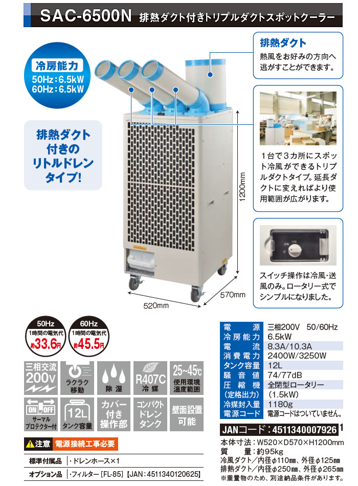 人気定番の 車上渡し 三相0v 排熱ダクト付きトリプルダクトスポットクーラー Sac 6500n 法人向限定 代引き不可 ナカトミ エアコン Luhacovice Cz