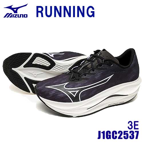 ☆ミズノ/MIZUNO J1GC2537 ウエーブリベリオンフラッシュ3 WIDE(3E) ブラック×ホワイト(01) ランニングシューズ (24.5~29.0cm)|工具ショップ
