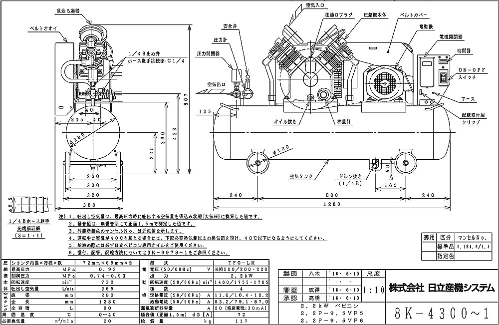 【楽天市場】【代引き不可】【法人向け送料無料】☆日立産機 2.2P9.5VP6 給油式ベビコン 3馬力 三相200V 60Hz 圧力開閉器式 【車上渡し】【返品不可】：工具ショップ