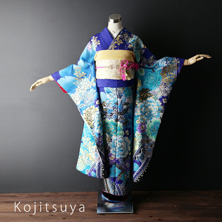 振袖 身長145-160cm 青 bl-006（楽天市場】【レンタル】【成人式