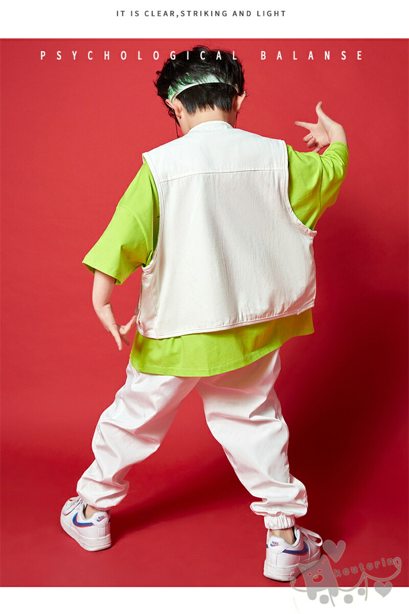 キッズダンス衣装 ヒップホップ 女の子 男の子 Hiphop 子供服 セットアップ Hiphop 白ベスト 白ズボン 黄 蛍光色トップス ジャズダンス チアガール 応援団 練習着 体操服 発表会 Hiphop 演出服 おしゃれ 110 180cm Salon Raquet De