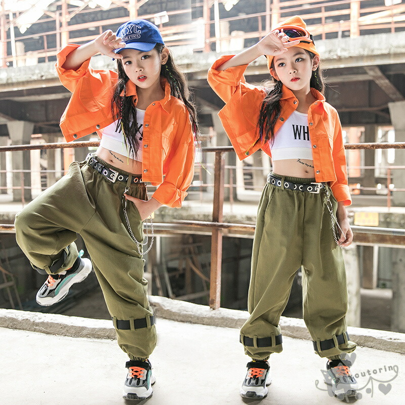 キッズダンス衣装 ヒップホップ 女の子 Hiphop 子供服 白ベスト オレンジ ジャケット グリーン パンツ チアガール ジャズダンス チアガール 応援団 へそ出し 練習着 体操服 発表会 Hiphop 演出服 おしゃれ 1 170cm送料無料 Sermus Es