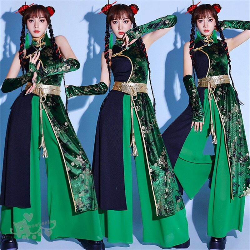 【特価】フラメンコ衣装 ラップワンピース ２段切替 フレア袖 緑 × 花柄 特価】フラメンコ衣装 ラップワンピース 2段切替 フレア袖 緑