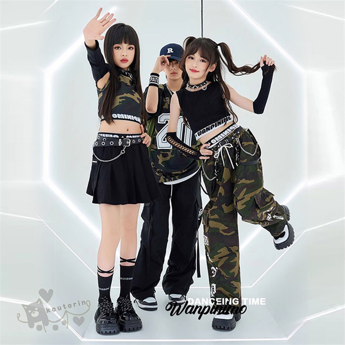 ダンス衣装 k-pop衣装 キッズ男の子 女の子 ヒップホップ チアガールズ 迷彩 トップス スカート緑 黒カーゴパンツ へそ出し ジャズダンス ステージ衣装 練習着 体操服 120-170cm 送料無料