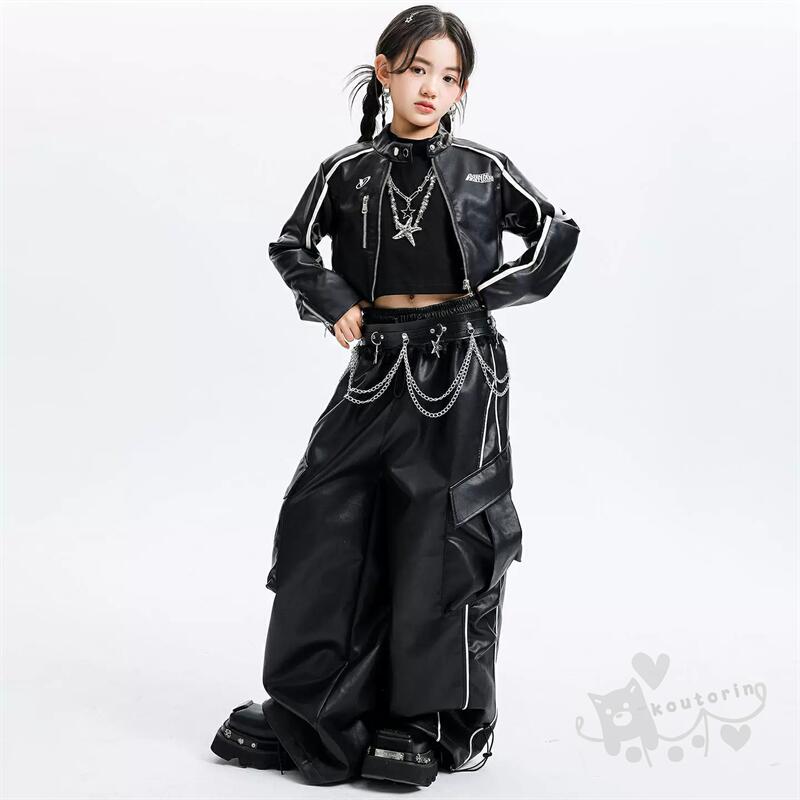 ダンス衣装 キッズ ブラックトップス PU セットアップ 韓国 子供ダンス 女の子 ロングパンツ ジャケット 子供服 カジュアル ヒップホップ チアガール ダンス 発表会 カジュアル 練習着 応援 団体服 ジュニア かっこいい 110-180cm 送料無料