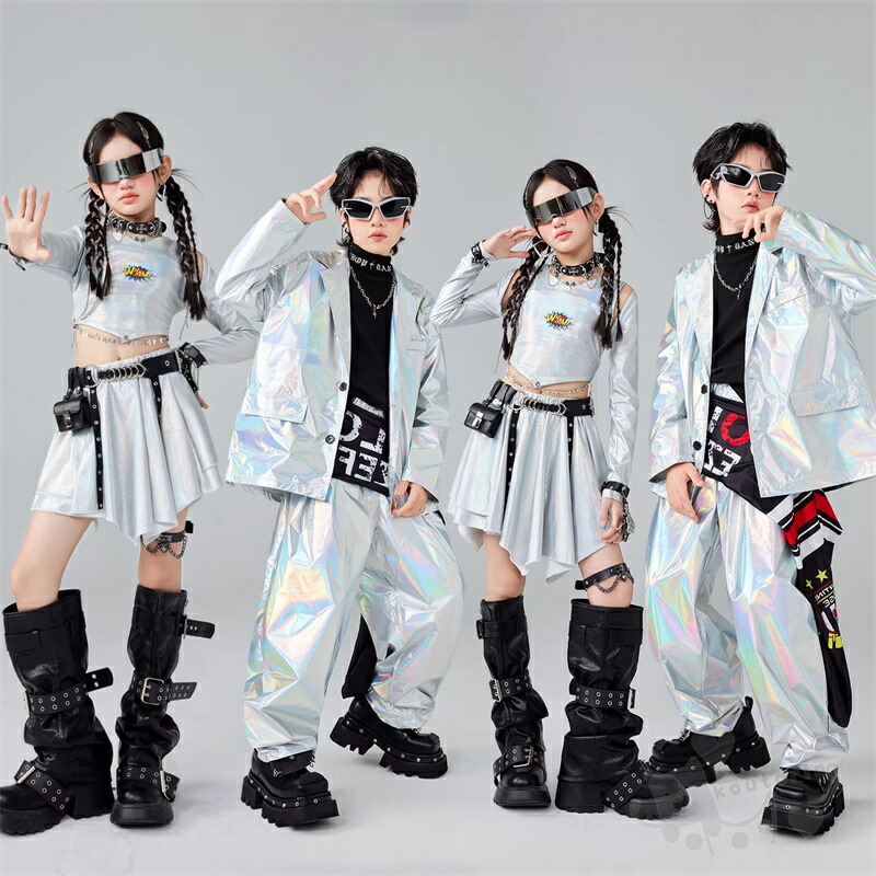 子供服 チアガール 光沢感 キラキラ ジャケット ロングパンツ スカート トップス へそ出し ダンス衣装 ガールズ 男の子 女の子 ヒップホップ セットアップ HIPHOP ジュニア ストリート 練習着 発表会 演出服 団体服 個性派 舞台服 110-180cm