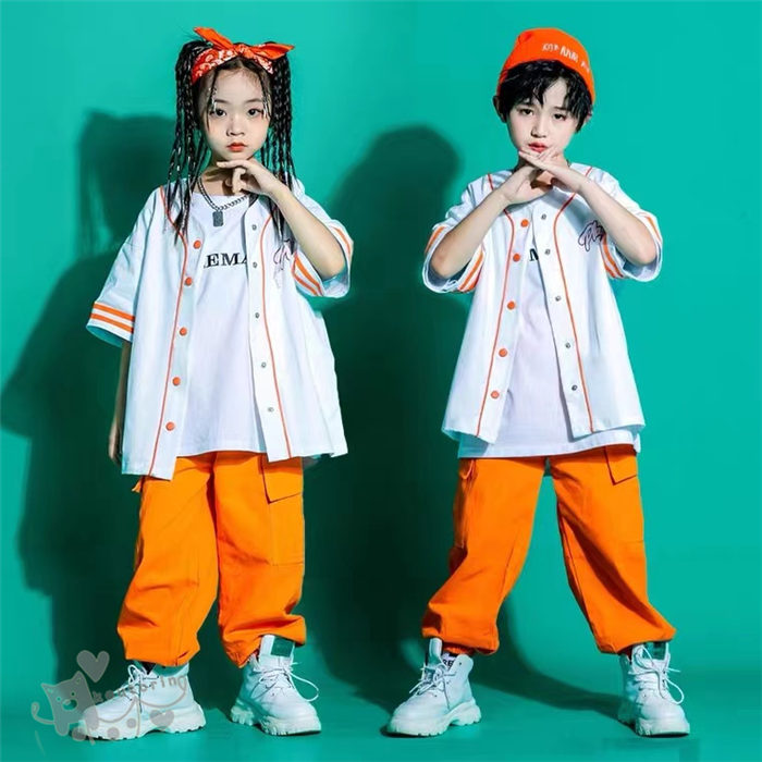 ベースボールシャツ ダンス衣装 キッズ ヒップホップ ファッション キッズダンス衣装 セットアップ 派手 ガールズ 男の子 シャツ ズボン 白 オレンジ 演出服 K-POP ステージ衣装 練習着 体操服 応援団 110-180cm 送料無料