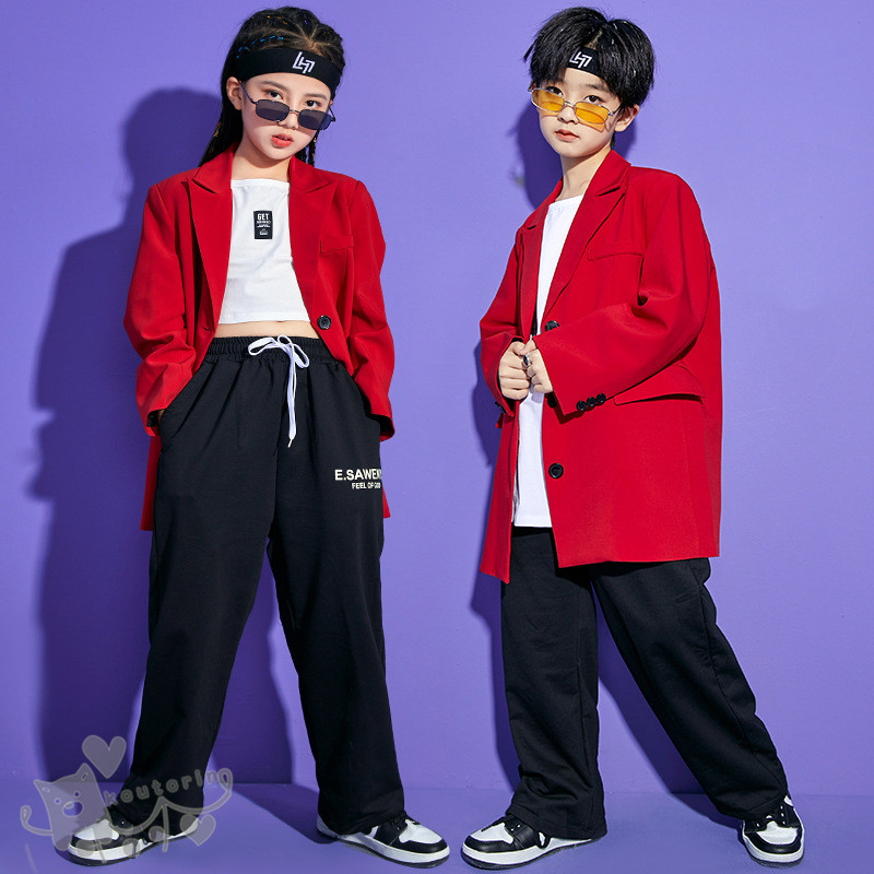 キッズダンス衣装 ヒップホップ 男の子 女の子 無地 長袖 レッドジャケット 黒パンツ 2点セット へそ出し ガールズ HIPHOP ステージ衣装 K-POP　練習着 演出服 舞台衣装 110-180cm 送料無料｜koutorin