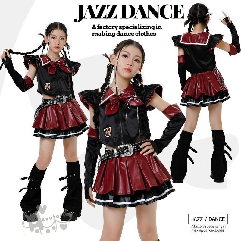 k-pop 衣装 キッズ ダンス衣装 セットアップ へそ出し トップス スカート ワインレッド 長袖 女の子 韓国 ヒップホップ かっこいい キッズダンス衣装 HIPHOP ジャズダンス イベント 演出服 応援団 文化祭 ステージ衣装 モデル 団体服 k-pop jazz 120-170 送料無料