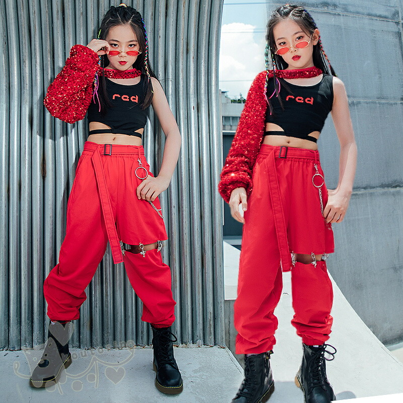 楽天市場】キッズ ダンス衣装 セットアップ 赤 ワンショルダー 黒