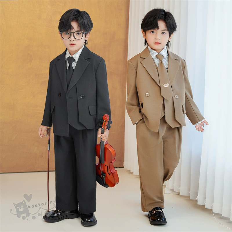 子供服フォーマルスーツ 男の子 キッズスーツ セットアップ 4/5点セット 無地 カーキ　黒 ジャケットシャツ パンツ ネクタイ 男の子 スーツ 七五三入園式 卒園式 結婚式 発表会 卒業式 入学式 80-150cm 送料無料
