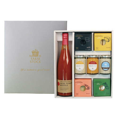 North Farm Stock　ギフト　トマトジュース＆クラッカーセット　ミニトマトボトル720ml　クラッカー（ブラック・チーズ・えび・オニオン）　ディップ（オニオンマスタード・トマトチリ・ブルーチーズ）各1個　TCD-08<br>　化粧箱入　北海道産食材　ノースファームストック