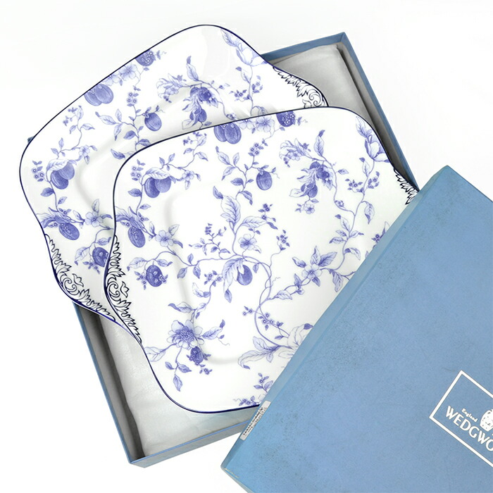 WEDGWOOD ウェッジウッド ブループラム BBプレート スクエア 大皿 2枚セット 2点セット ネイビー 白 お祝い パーティー お皿 ボーンチャイナ 【中古】 a-2202