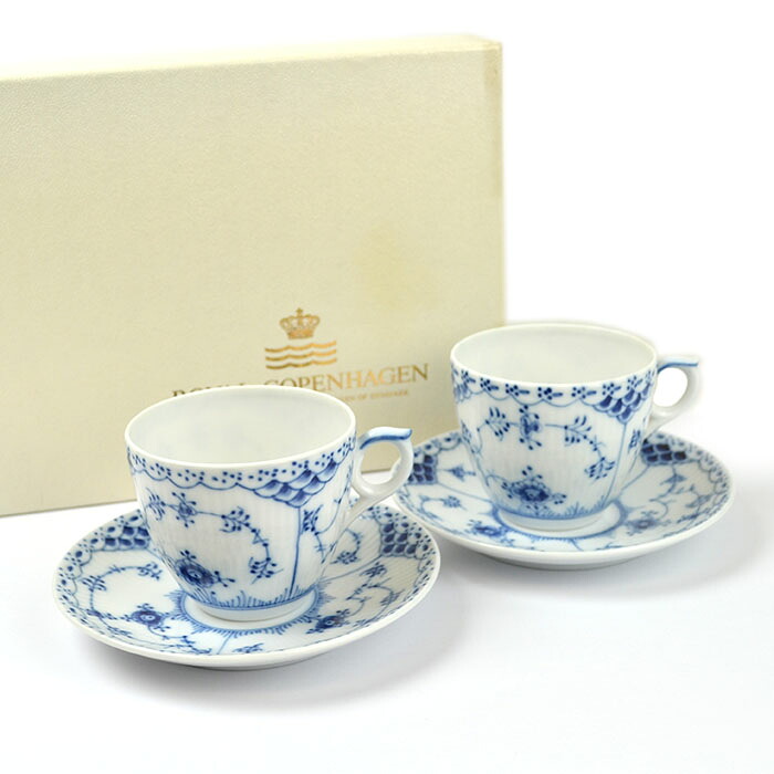 Royal Copenhagen ロイヤルコペンハーゲン ブルーフルーテッド フルレース ペア カップ ＆ソーサー 2客 セット 【中古】ｂ-2408