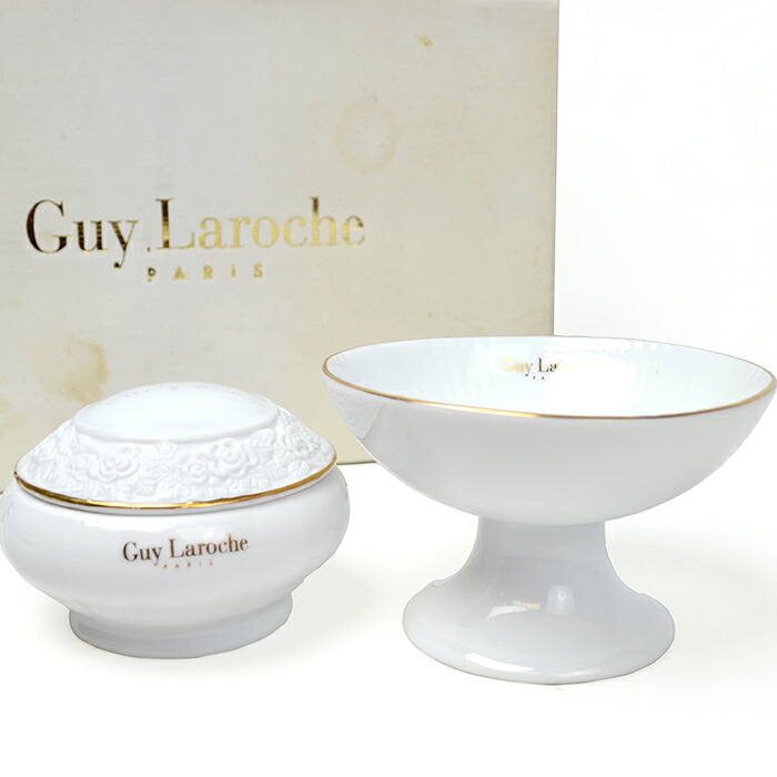 Guy Laroche ギ・ラロッシュ ギラロッシュ 小物入れ 2点セット ジュエリートレイ アクセサリーケース テーブルアクセサリー ホワイト 薔薇 脚付き 蓋付き 皿 【中古】 a-2103
