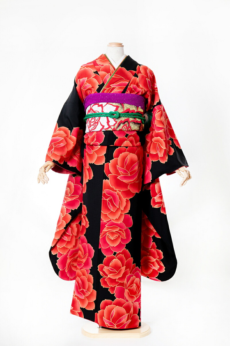 振袖 レンタル 成人式 sfuri027 黒地赤薔薇 赤 レッド 黒 ブラック 振り袖 ふりそで furisode 振袖セット フルセット 往復送料無料 結婚式 披露宴 卒業式 結納 和服 着物 kimono 貸衣装｜レンタル衣装　YUI婚ブライダル