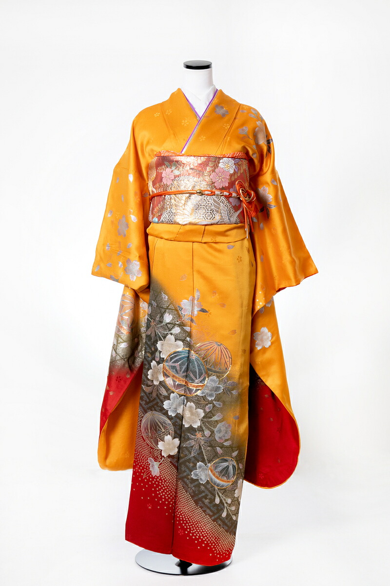 振袖 賃借 成年者式 sfuri036 山吹手毬に桜 オレンジ色 橙 赤 赤いこと 薄墨色 薄墨色 振り袖 ふりそで furisode 振袖仕掛ける フルセット 往復貨物輸送無料 華燭の典 交歓会 卒式 結納 着物 御召しもの kimono 貸御召しもの