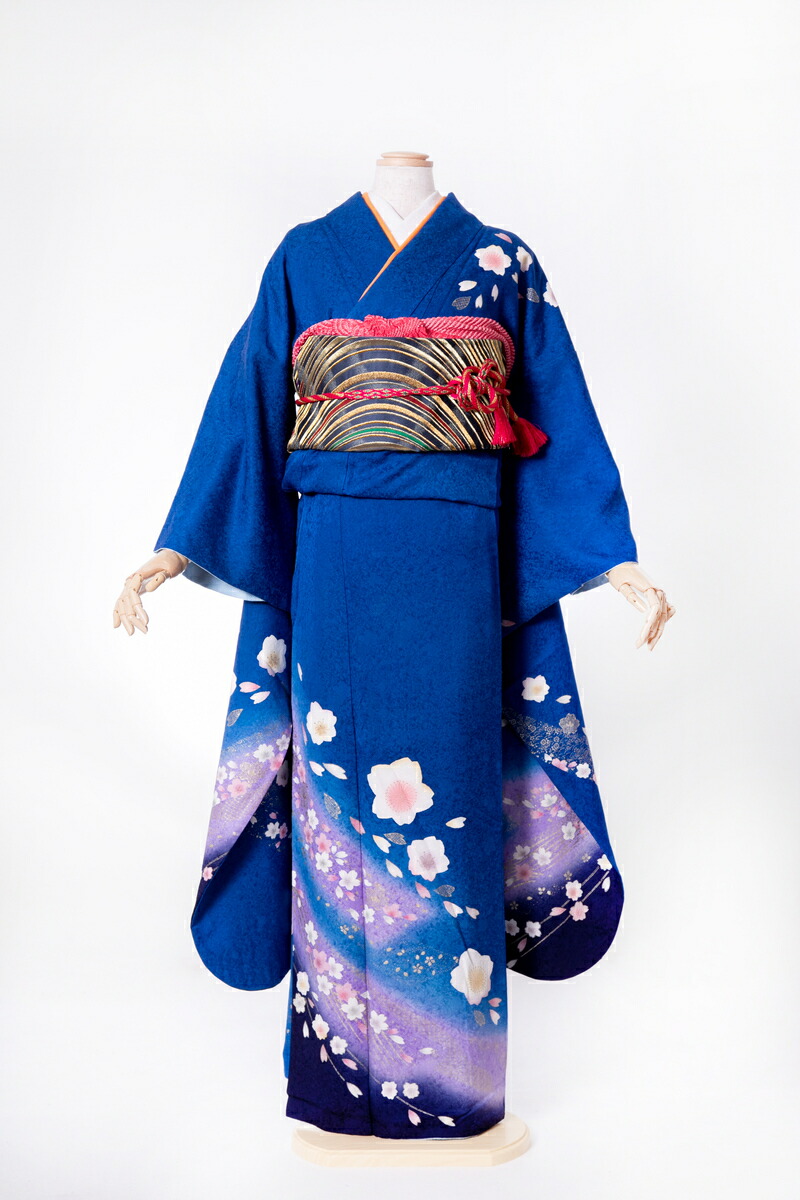 振袖 レンタル furi042 青地桜吹雪 青 ブルー 紫 パープル 振り袖 ふりそで furisode 振袖セット フルセット 往復送料無料 結婚式 披露宴 卒業式 結納 和服 着物 kimono 貸衣装 お呼ばれ パーティ 【2月～11月レンタル】