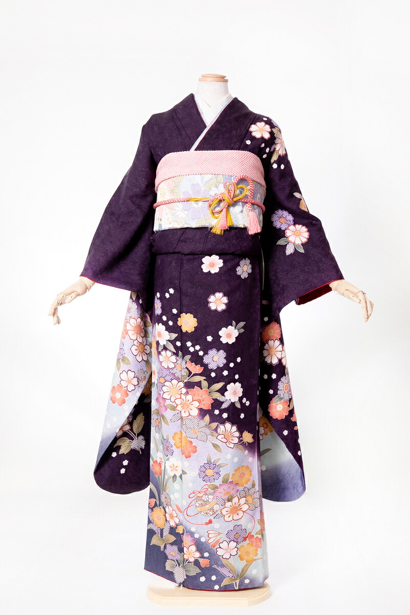 振袖 レンタル furi046 紫ラメ地桔梗に手毬 紫 パープル 白 ホワイト 振り袖 ふりそで furisode 振袖セット フルセット 往復送料無料 結婚式 披露宴 卒業式 結納 和服 着物 kimono 貸衣装 お呼ばれ パーティ 【2月～11月レンタル】