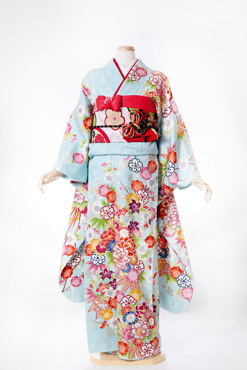 振袖 レンタル furi067 水色地に四季花盛り水色 ピンク 赤 レッド 振り袖 ふりそで furisode 振袖セット フルセット 往復送料無料 結婚式 披露宴 卒業式 結納 和服 着物 kimono 貸衣装 お呼ばれ パーティ 【2月～11月レンタル】