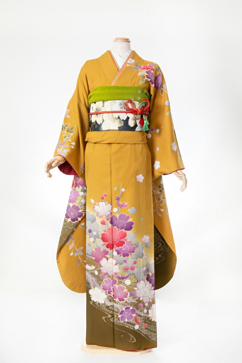 振袖 レンタル 成人式 sfuri072 からし桜模様 からし色 黄色 イエロー 振り袖 ふりそで furisode 振袖セット フルセット 往復送料無料 結婚式 披露宴 卒業式 結納 和服 着物 kimono 貸衣装