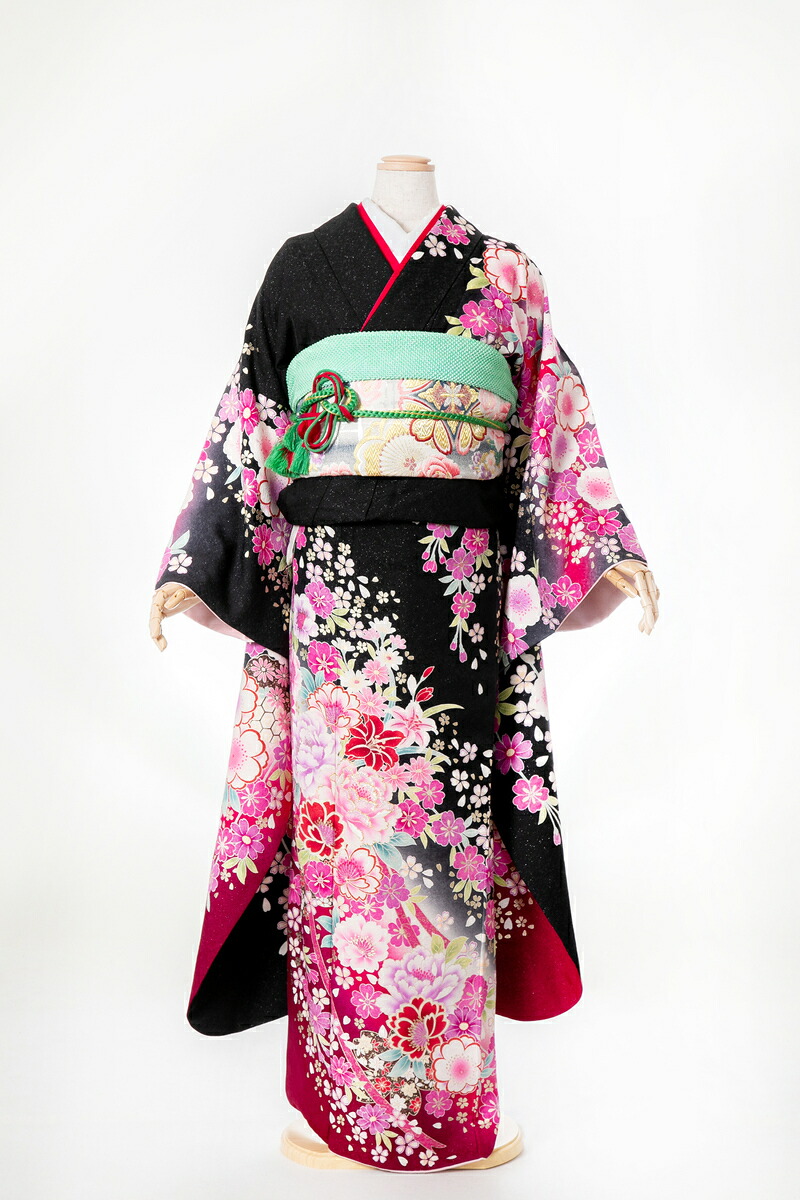 振袖 レンタル furi076 黒地ピンク花盛り 黒 ブラック ピンク 振り袖 ふりそで furisode 振袖セット フルセット 往復送料無料 結婚式 披露宴 卒業式 結納 和服 着物 kimono 貸衣装 お呼ばれ パーティ 【2月~11月レンタル】|レンタル衣装 YUI婚ブライダル