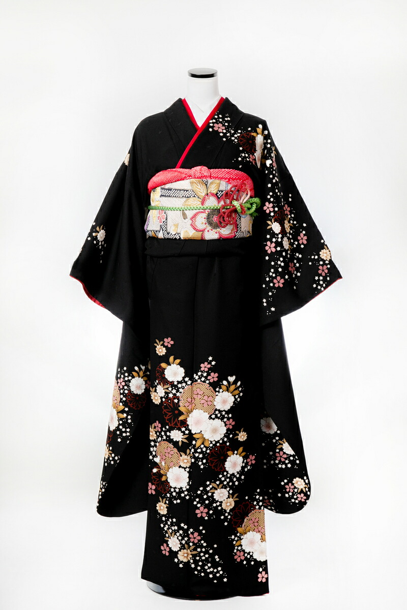 振袖 レンタル furi078 黒地かすみ草と花 黒 ブラック 金色 ゴールド 振り袖 ふりそで furisode 振袖セット フルセット 往復送料無料 結婚式 披露宴 卒業式 結納 和服 着物 kimono 貸衣装 お呼ばれ パーティ 【2月～11月レンタル】