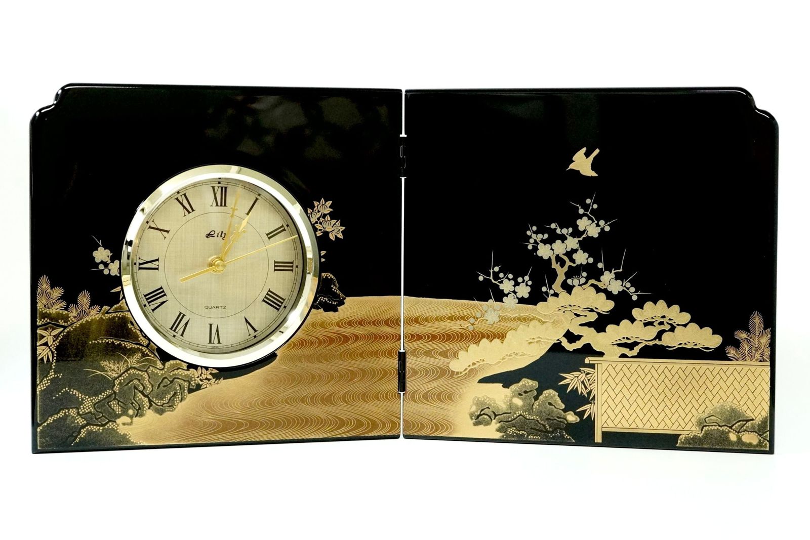 初音 黒 屏風時計 会津塗 蒔絵 お土産 御礼 漆器 海外 伝統工芸 ギフト 記念品 男性 父の日 おしゃれ 卒業記念｜漆器 高翆 店