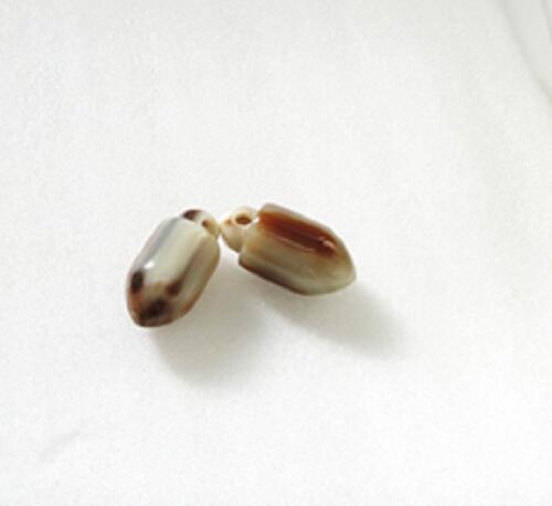 開運グッズ、水牛アクセサリーパーツ。ドングリ(七転び八起き）・15×30ｍｍ。金運アップ赤天目（天然色）。２個（セット）の価格。直径15m/m・芯持ち・長さ約30m/m。二つの画像は同一のものです。日本製。ゆうパケット便。