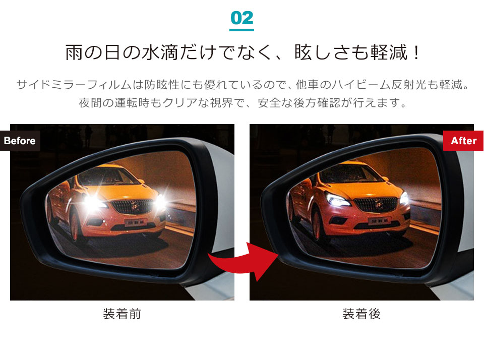撥水 サイドミラー 4枚セット 防水 防眩 サイドガラス 親水フィルム 水で貼るだけ ドアミラー フィルム