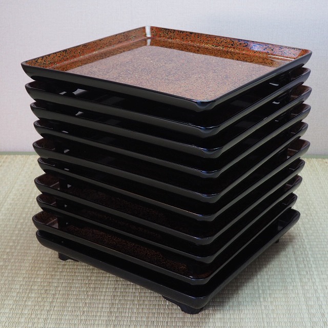 研ぎ出しお膳 10枚組 0943　天然木 漆会席 汁椀 漆器 プレート 【中古】 古美術 骨董 アンティークJAPAN antique vintage tableware lacquerware｜加賀美術店