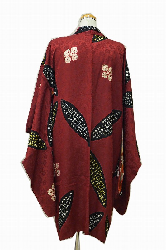 Bamboo pattern long haori Jacket 0023"Siborisome" haori Japanese vintage silk kimono jacket笹文様長羽織 絞り染 和装 着物 小紋 帯【中古】japanese kimono japanese vintage clothes beauty｜加賀美術店