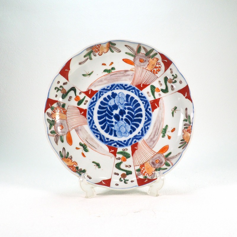輪花  芙蓉手 花文様 八寸皿　0385<BR>明治時代 色絵 手描き<BR>日本料理 食器 酒 酒器 古伊万里<br>骨董 アンティーク【中古】<BR>JAPAN japanese antique vintage tableware porcelain china <BR>small dish valuables  Japanese food  Japanese tableware