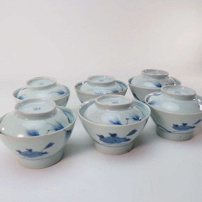 松葉に牡丹文様　飯碗 蓋付き 茶碗 6個組　0329伊万里 染付 手描き 江戸時代陶磁器 食器【中古】 骨董 アンティーク 瀬戸物JAPAN japanese antique vintage tableware porcelain china rice bowl imari｜加賀美術店