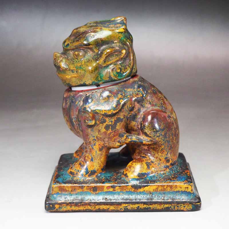 0046　獅子 墨入れ 置き物 文具 インテリア 【中古】アンティーク 骨董品 三彩釉 白磁内壺付 旧蔵ラベル 書道具 レトロAntique Japanese Lion Inkwell/Shishi Calligraphy Inkpot with White Porcelain Vessel,｜加賀美術店