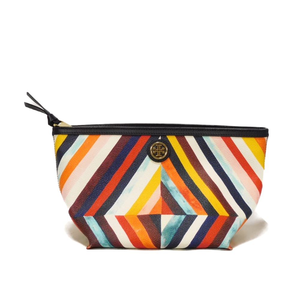 トリーバーチ Tory Burch クラッチバッグ ケリントン ダイヤモンドコンボ ポーチ ストライプ ダブルT ロゴ メタル PVC マルチカラー メンズ レディースバッグ かばん エレガント 高級 上品 大人 ブランド【中古】