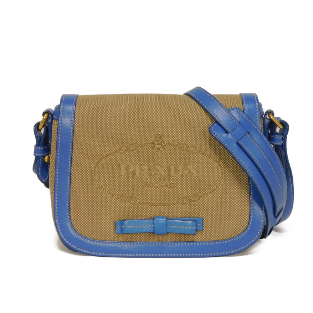 プラダ PRADA ショルダーバッグ ジャガード リボン クロスボディ カーフ ブルー フラップ トライアングルロゴ ブラウン 1BD190 UCW F074E レディース バッグ かばん エレガント 高級 上品 大人 ブランド【中古】