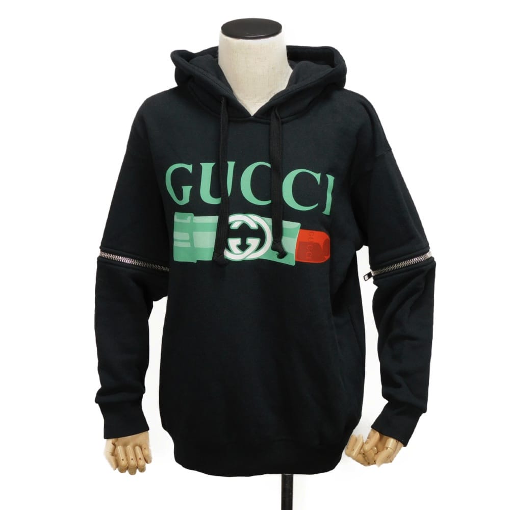 グッチ GUCCI パーカー ロゴ リップスティック フーディ XXS ファスナー 半袖 2WAY インターロッキングG コットン ブラック 743404 XJFIX 1082 レディース  エレガント 高級 上品 大人 ブランド【中古】