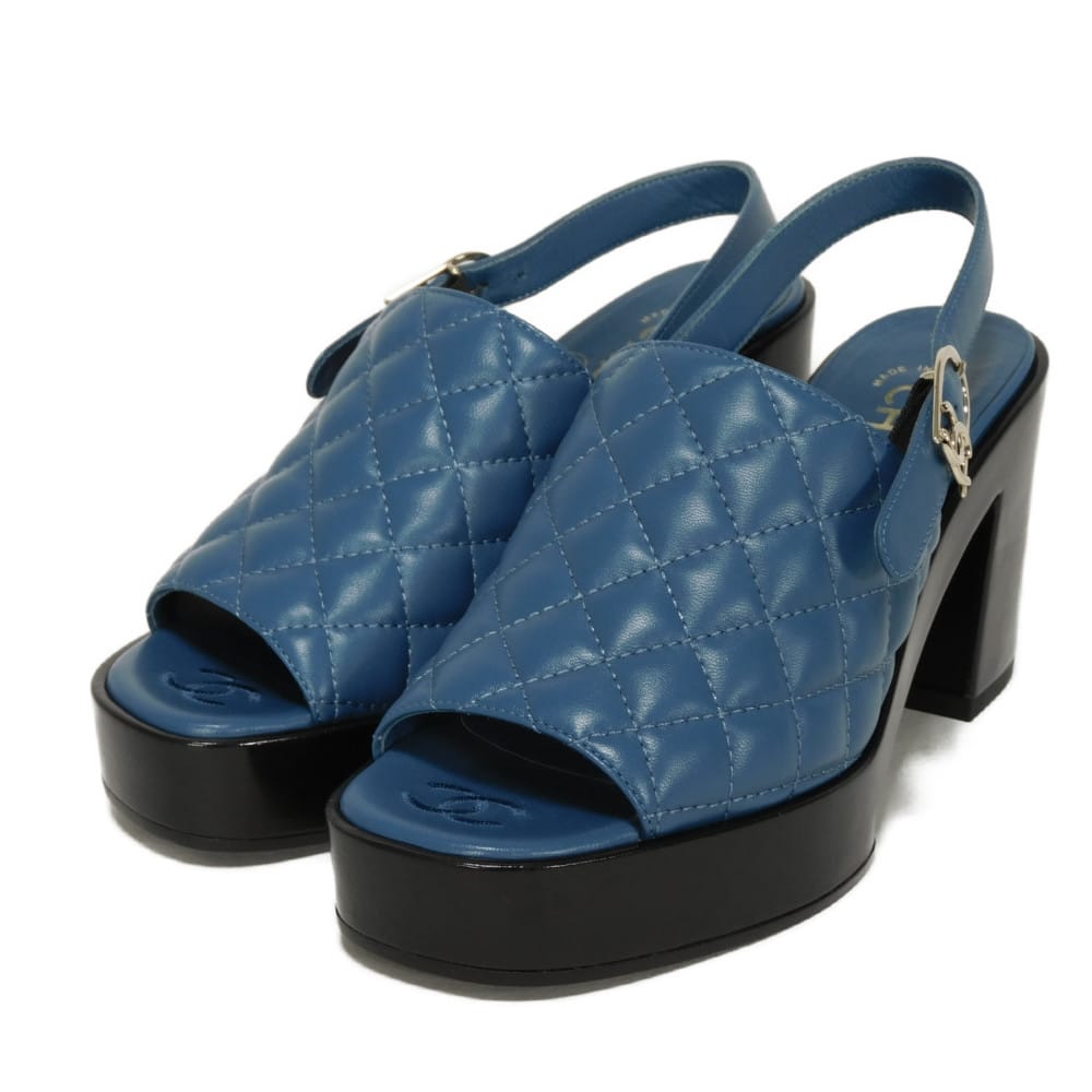 シャネル CHANEL ミュール マトラッセ サンダル 36 1/2 ロゴ キルティング バックストラップ チャンキー ココマーク ラムスキン ブルー G45567 レディース エレガント 高級 上品 大人 ブランド【中古】