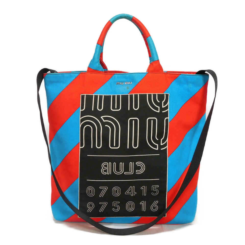 ミュウミュウ MIUMIU トートバッグ クラブ トート バイアス ストライプ レッド マルチカラー 2WAY ロゴ コットン ブルー 5BG022 2EU0 F0GF4 メンズ レディースバッグ かばん エレガント 高級 上品 大人 ブランド【中古】