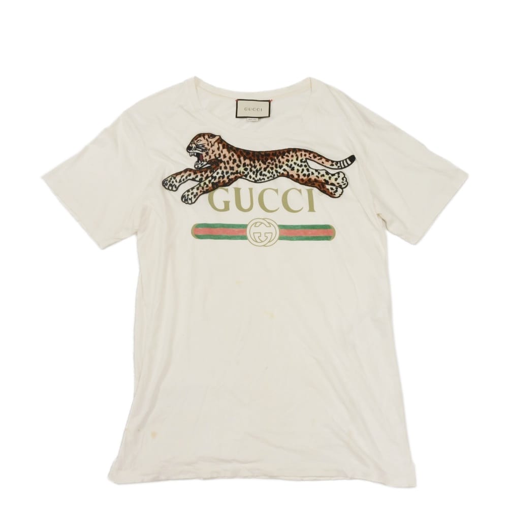 グッチ GUCCI 半袖Tシャツ ヴィンテージロゴ レオパード M エンブロイダリー ダメージ加工 インターロッキングG コットン ホワイト 493117 X9X99 メンズ レディース エレガント 高級 上品 大人 ブランド【中古】|BRANDSHOP KRONE 店